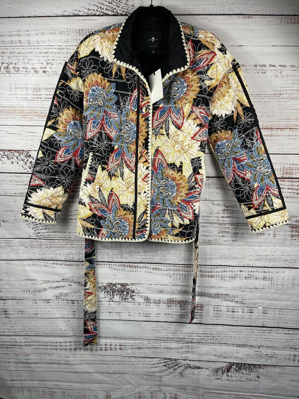 7 For All Mankind Jacket Women's Size Small Black Floral Quilted Belted Coat